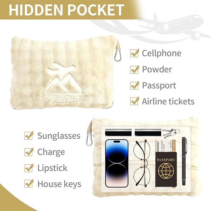 Travel Blanket and Pillow-2-in-1, Ultra-Soft&Compact, Airplane Blanket with Hand Luggage Belt and Backpack Clip,Travelers Accessories Gifts, 61x43 Inches（White）