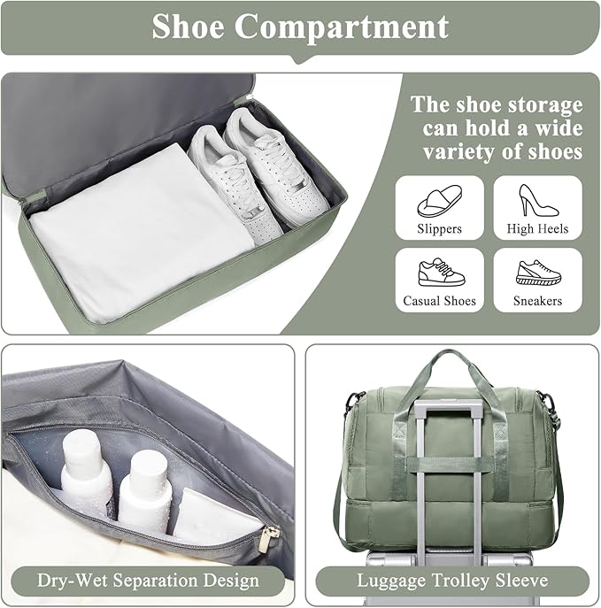 Travel Duffle Bag, Weekender Bags for Women,Carry On Overnight Personal Item Travel Bag with Shoes Compartment,Olive Green