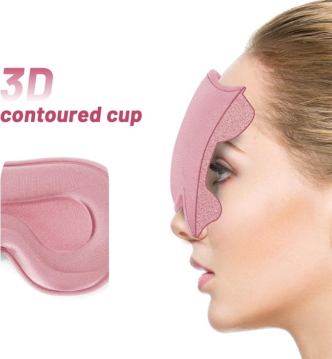 Sleep Eye Mask for Men Women, Sleeping Mask for Side Sleeper, Travel Blackout Night Blindfold Eye Shade Cover with Adjustable Strap (Pink-3D)