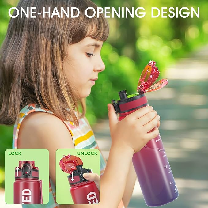 Sahara Sailor Water Bottle, 32/25/17oz Durable and Leakproof Water Bottles Motivational with Time Marker, Tritan, BPA Free, Wide Mouth with Easy Clean Brush for Gym, Travel, School, Office (1 Bottle)