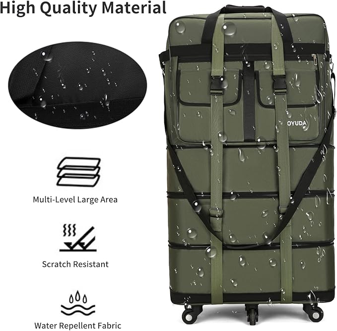 130L Expandable Luggage, 40 Inch Suitcase with Wheels, Collapsible Luggage with Wheels, Rolling Duffle Bag with wheels, Foldable Suitcasewith2Handle Wrap 2Fixing Straps 1Shoulder Strap (Green)