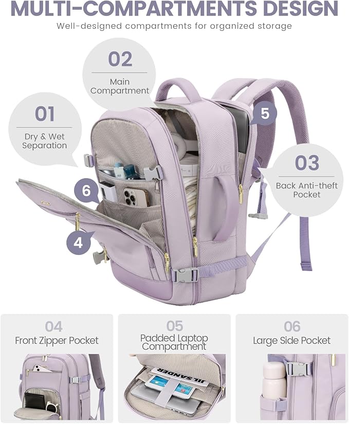 LOVEVOOK Travel Backpack For Women Flight Approved, 50L Large Carry On Backpack For Airplanes, Personal Item Travel Bag, Waterproof 18 Inch Laptop Backpack For Business Weekender Overnight, 4Pcs Set