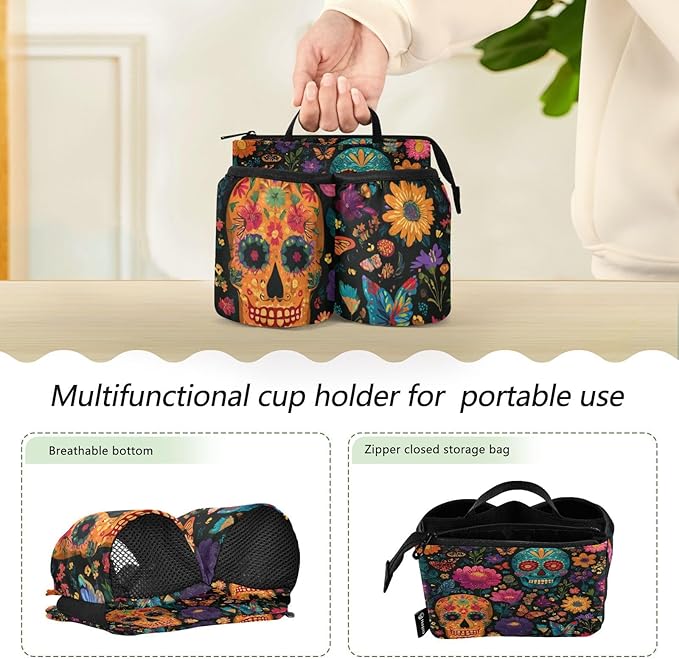 Mexican Folk Art Skulls and Flowers Luggage Cup Holder Travel Portable Free Hand Drink Carrier Suitcase Drinks Beverage Holder Carry-On Bottle Mug Holder Organizer Bag Travelers Accessories