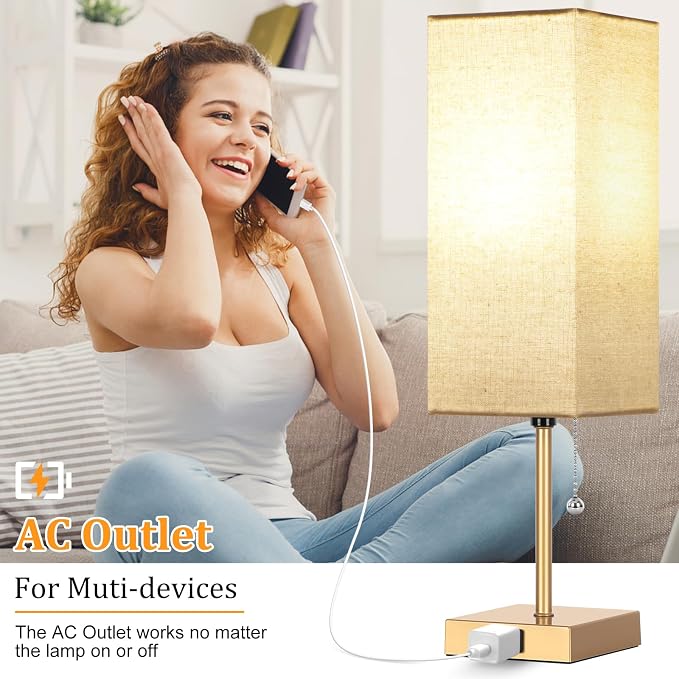 Table Lamp for Bedroom set of 2,3-Color Bedside Lamps with Pull Chain | Table Lamps for Nightstand with AC Outlets,18'' Night Light Lamps with 2 Bulbs Lamps for Living Room Kids Office Decor（Glod）