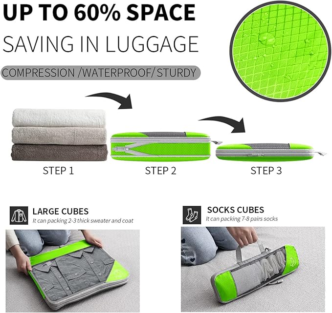 9-Set Packing Cubes with Hanging Bag | 9-Size Combination, Mesh Fabric & Reflective Stripe | Travel Luggage Organizers (Green)