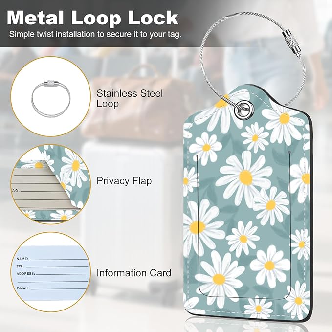 2Pack Luggage Tags for Suitcases, Cute Unique Pu Leather Cruise Luggage Tag with Privacy Cover ID Label Address Card and Metal Ring Suitable for Women Men Kids Travel Bag White Flowers 2