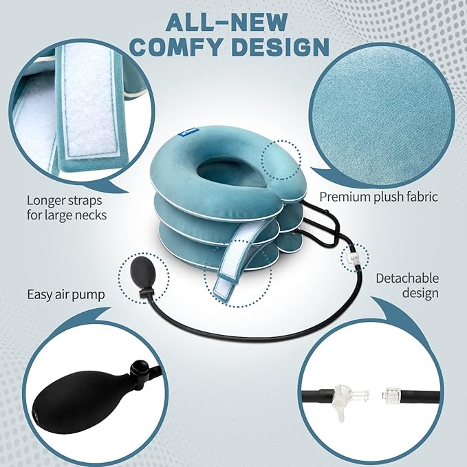 Cervical Neck Traction Device for Neck Pain Relief - Inflatable Neck Stretcher Traction Collar for Neck Decompression - Best Home Use Neck Brace Pump (Blue Plush)