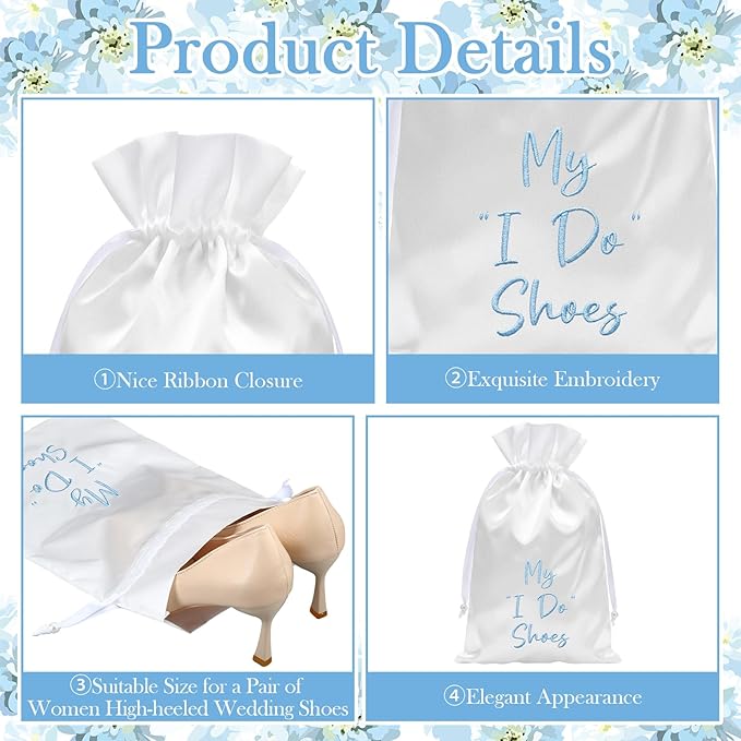 Bride Shoe Bag 11" x 9" Satin Wedding Shoe Storage Pouch with Drawstring Bridal Shower Gifts for Engagement Honeymoon