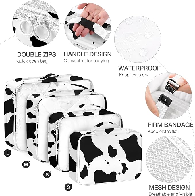 8 Set Packing Cubes for Suitcases, Packing Cube with Shoe, Cosmetics, Clothing, and Accessories Bags Packing Cubes for Travel Luggage Organizer(Cow)