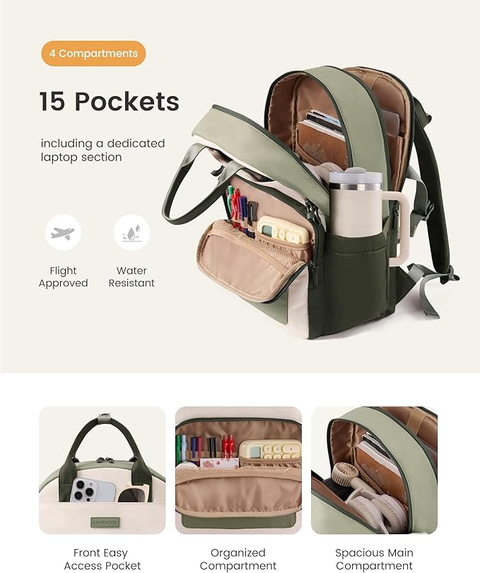 LOVEVOOK Laptop Backpack for Women - Stylish Work Backpack with Large Cup Holder, Waterproof College Teacher Backpack, Green, 15.6Inch