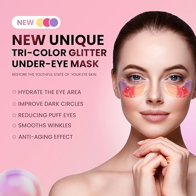 Under Eye Patches (24 Pairs) - Tri-color Glitter Eye Gel Pads for Dark Circles, Puffy Eyes, Under eye Bags, Wrinkles | Natural Collagen Under Eye Mask Patches, Gel Under Eye Patches