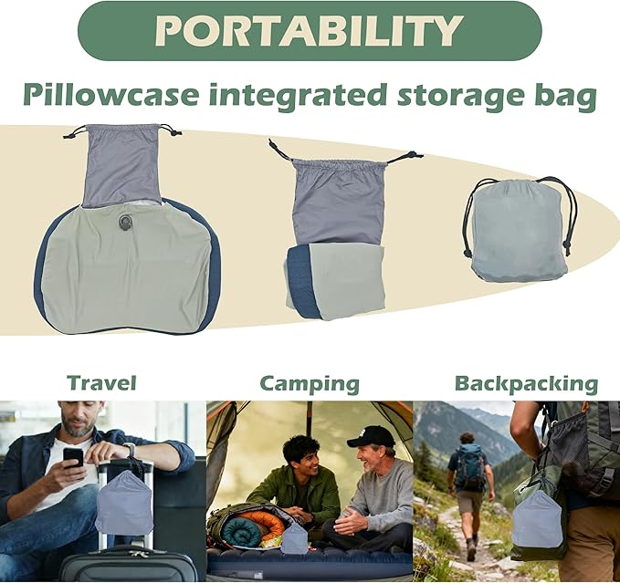 Inflatable Travel Camping Pillow - Ultralight, Portable, Removable, Double Cotton Cover Pillow for Neck Support with Storage Bag for Camping, Traveling, Backpacking, Hiking