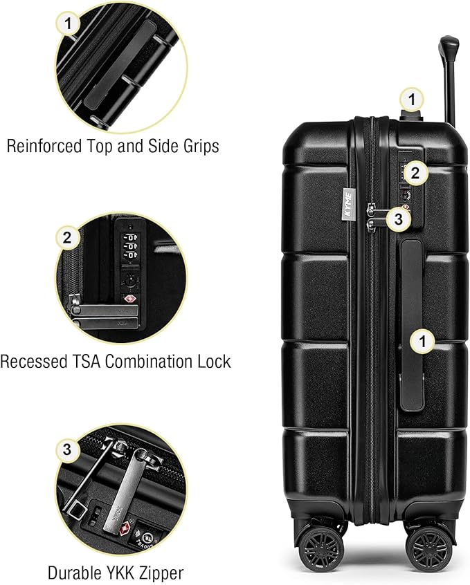 KYME Carry On Luggage 22x14x9 Airline Approved Hardshell Carry On Suitcases with Wheels Travel Rolling 20 Inch Luggage with Cup Holder for Men Women,Carry-on Black