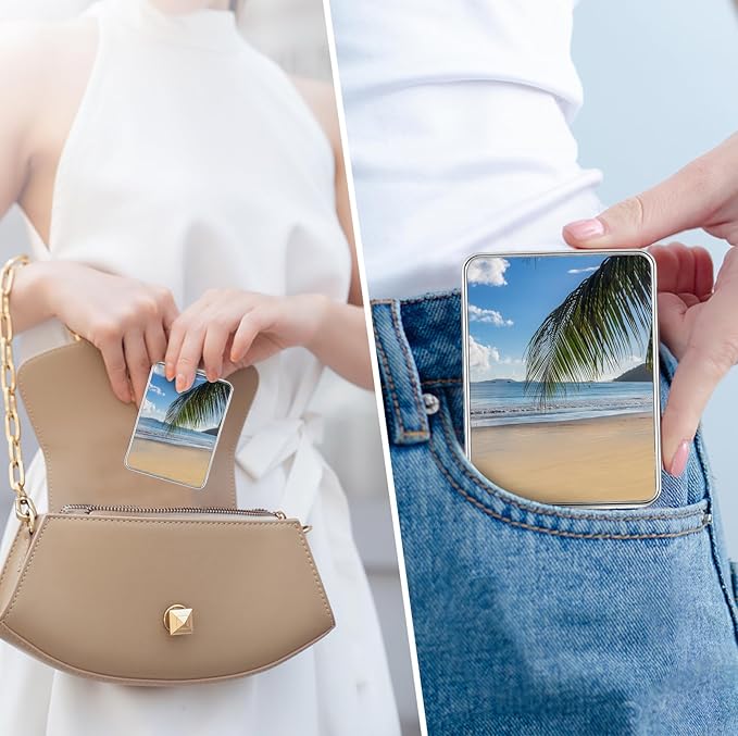 Pocket Mirror, Small Travel Mirror with Magnification, Portable Double-Sided Magnifying Cosmetic Mirror for Daily (Beach)