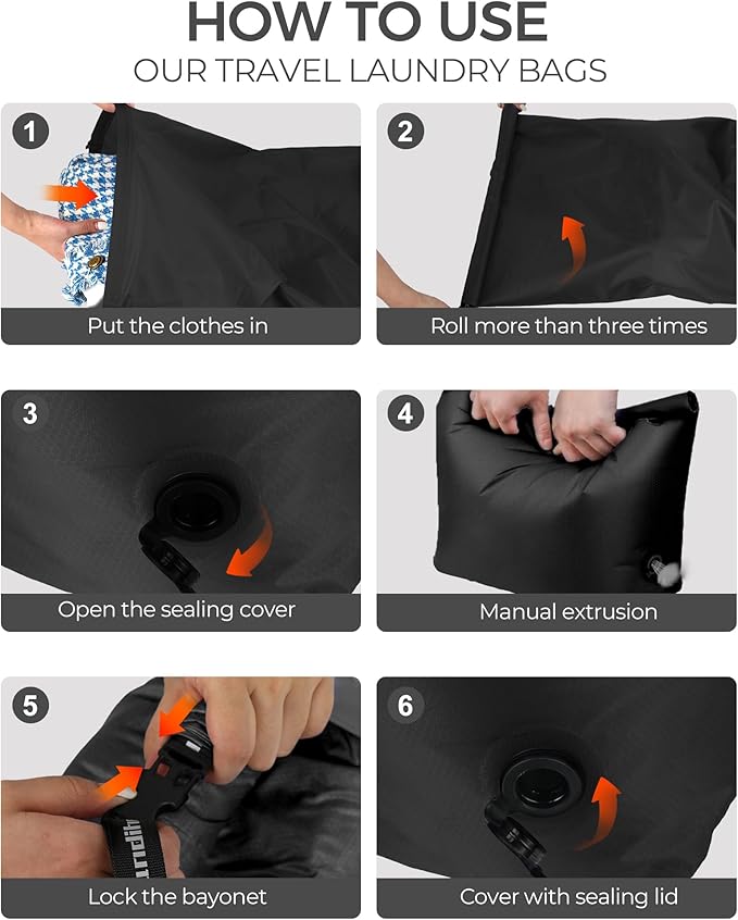 Travel Laundry Bag, Pump-Free Vacuum Compression Dirty Clothes Bag, Reusable Waterproof & Washable Laundry Bag, Wet and Dry Bag, Ideal for Suitcases, Road Trip Essentials (2 Pcs, M+L) Black