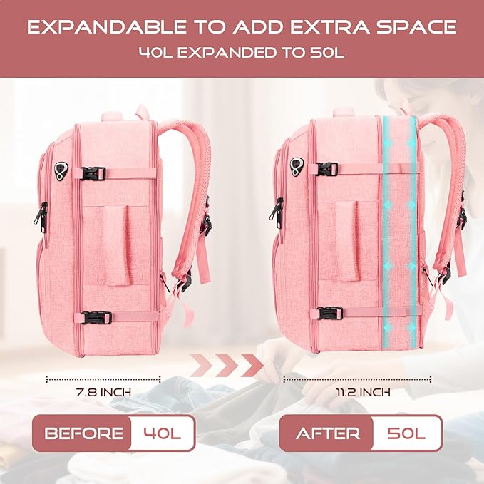 Travel Backpack for Women, Expanable Carry on Backpack, TSA 17.3 inch Laptop Bag Flight Approved, Lightweight Waterproof Business Luggage Bag, Travel Gifts for Women, Pink