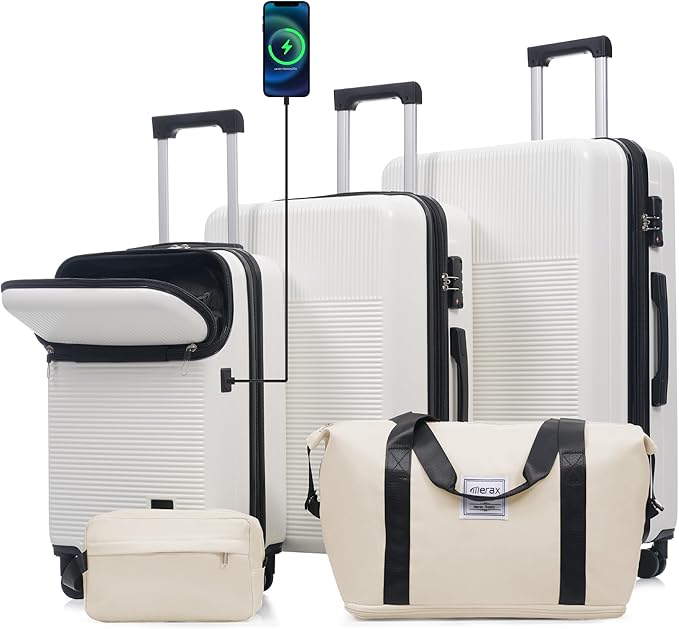 Merax Luggage Sets 5 Piece,Front Half-open Hardshell Expandable Suitcase with Spinner Wheels and Duffel Bags,Lightweight Carry on Luggage with USB Port,20/24/28IN,White
