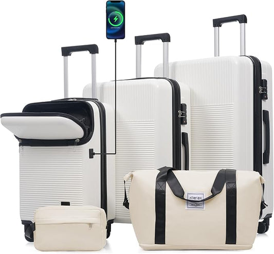 Merax Luggage Sets 5 Piece,Front Half-open Hardshell Expandable Suitcase with Spinner Wheels and Duffel Bags,Lightweight Carry on Luggage with USB Port,20/24/28IN,White