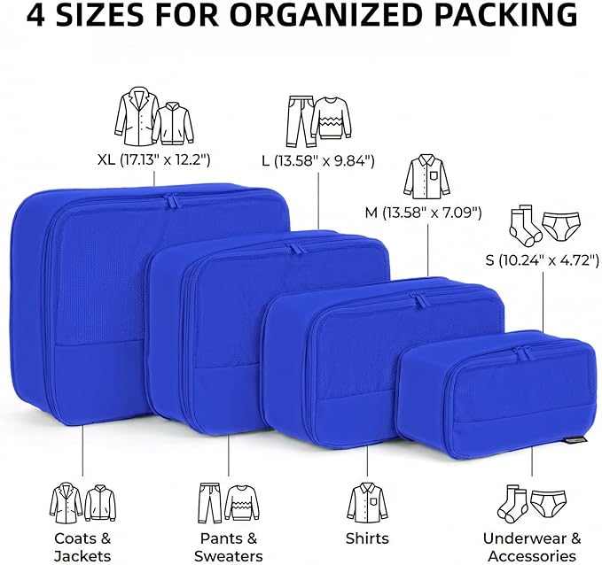 4 Piece Compression Packing Cubes for 3–7 Day Travel, Lightweight Travel Organizers with Breathable Mesh, Double-Zipper Packing Cubes for Carry-On & Suitcases (Dark Blue)