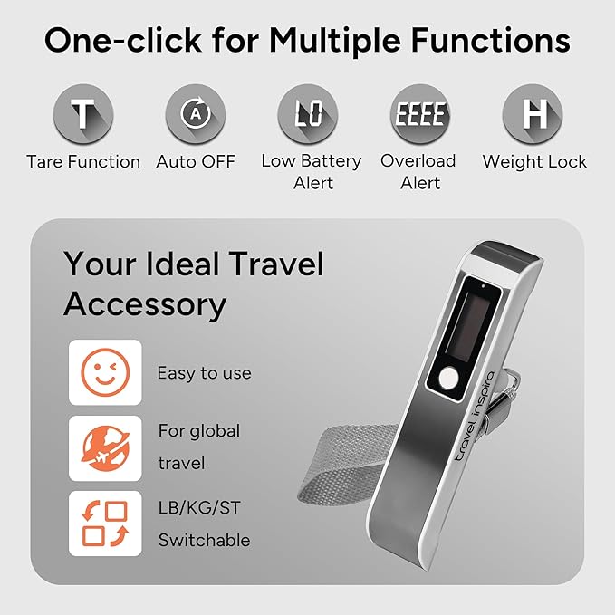 travel inspira Luggage Scale, Portable Digital Hanging Baggage Scale for Travel, Suitcase Weight Scale with Rubber Paint, 110 Pounds, Battery Included