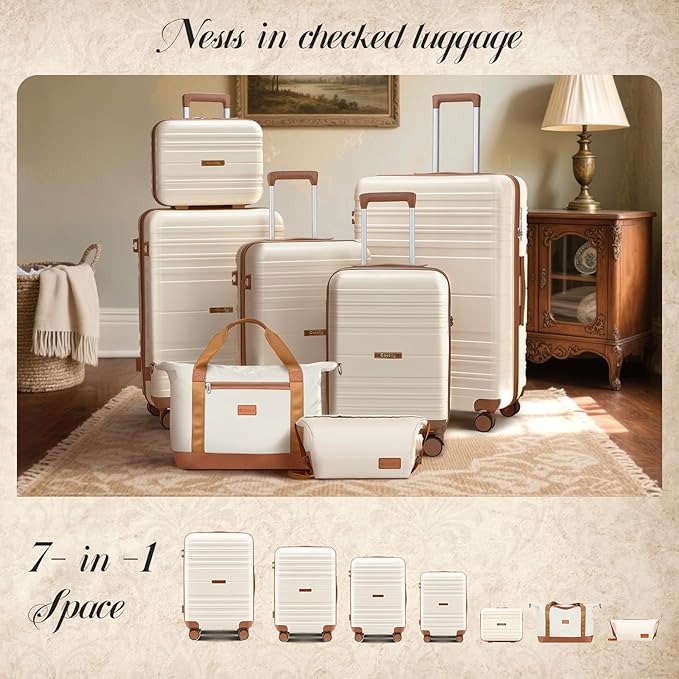 Luggage Sets with spinner wheels, PC+ABS Hard Shell Travel Luggage,Lightweight Carry-on suitcases with TSA Lock,YKK Zippers (Beige, 7 piece sets（14/18/20/24/28/DB/TB）)