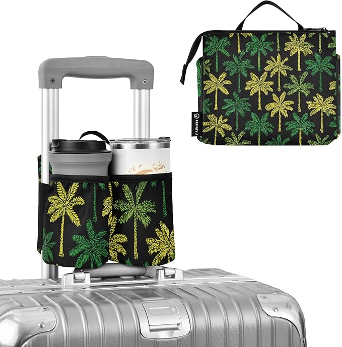 Luggage Cup Holder for Suitcases Free Hands Travel Cup Holder Portable Suitcase Cup Drink Holder Luggage Cup Caddy Bag Carrier Black Palms Green Yellow Tropical