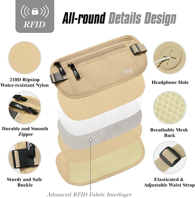 MoKo Secure Travel Money Belt, Undercover Hidden RFID Blocking Travel Wallet, Anti-Theft Passport Wallets for Men Women