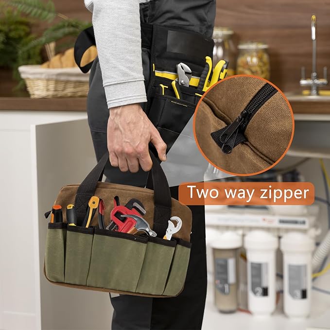 Small Tool Bag, Canvas Tool Storage Bag, Large Capacity Multipurpose Zipper Soft Tote Organizer Pouch for Electrician, Plumbing, Gardening,Tools Bags for Men (Brown, 12 Inch)