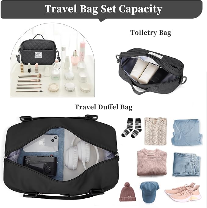 Weekender Bags for Women,Personal Item Travel Bag with Shoes Compartment,Overnight Travel Duffel Bag with Black GrayToiletry Bag