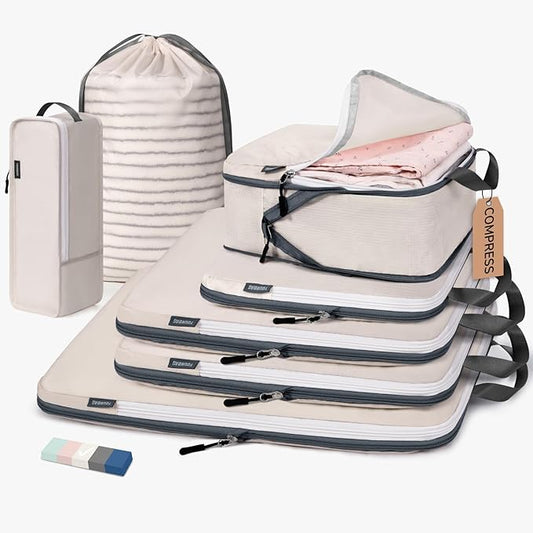 CherryNow Compression Packing Cubes, 7 Set Packing Cubes for Travel Women, Travel Essentials for Backpack, Beige