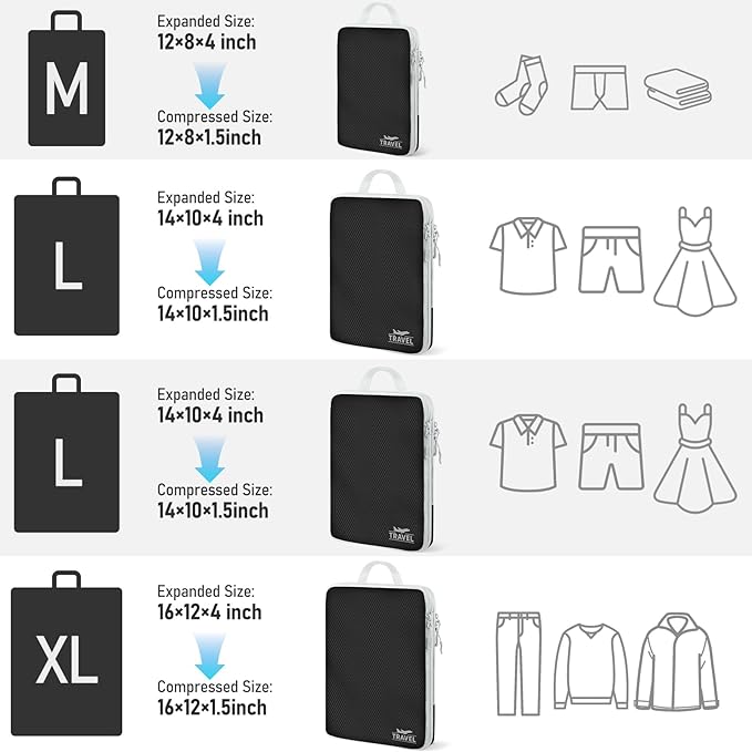 4 Set Compression Packing Cubes, Suitcase Organizer, Lightweight Travel Essentials, Compression Bags For Travel Accessories Luggage Storage Set (4 Pcs, Black)