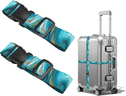 Nuxovilar Luggage Straps Teal Gold Marble Polyester 1.96x90.5inch 2 Set Suitcase Cargo Strap Travel Tool Adventure Trip Beach Resort City Tour