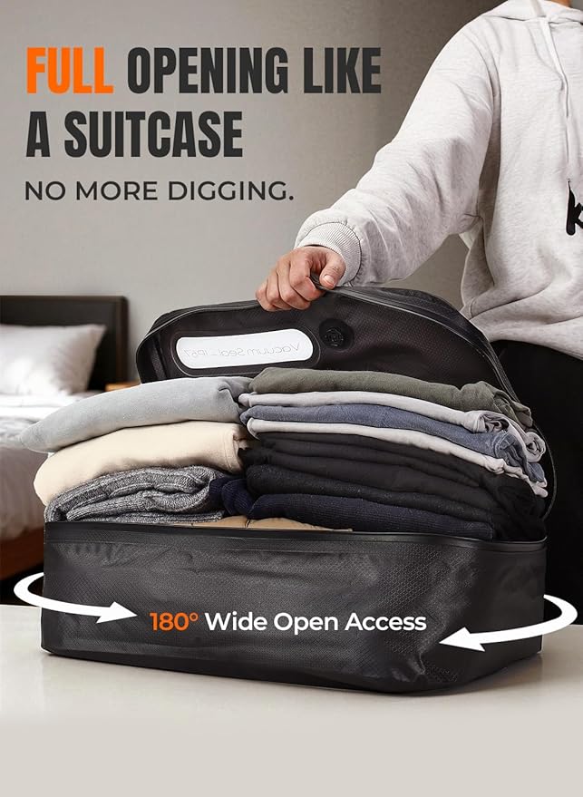 Vacuum Bags for Travel with Wireless Pump, 180° Open Zipper, IP67 Waterproof, Reusable Space Saver Compression Bags for Backpack, Suitcase, Home Storage(2 Pack + Pump)