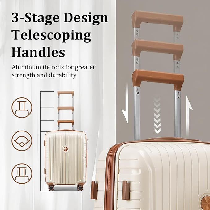Joyway Luggage Sets 5 Piece PP Hardshell Carry on Suitcase, Travel Lightweight Carry-on with Double Spinner Wheels and TSA Lock, Beige Brown
