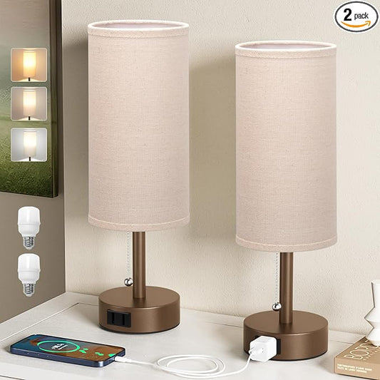 Brown Bedside Table Lamps Set of 2 - Bedroom Lamp for Desk, AC Outlet | 3CCT(3000K/4000K/5000K), LED Bulbs Included, Beige Fabric Lampshade, 14in Small Lamp for Nightstand, Guest Room, Living Room