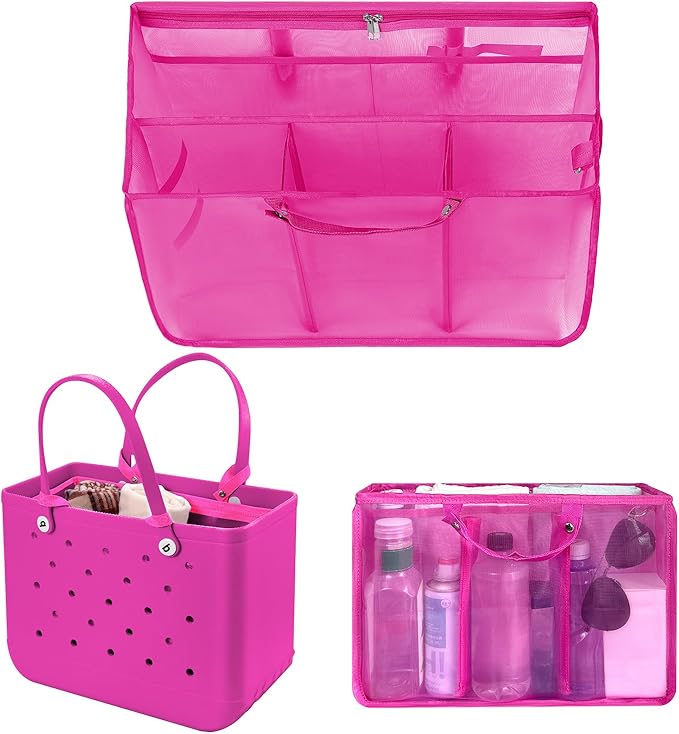 XYFuuee Beach Bag Organizer Inserts for Medium Bogg Bag Accessories, Original Small Lightweight Mesh Insert Divider Pouch, Organizing Rubber Tote Bags, Save Storage Space (Hot Pink-M)