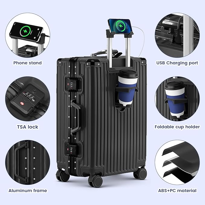 Carry On Luggage, 24 Inch Zipperless Luggage, Aluminum Frame Hardside Suitcase with TSA Lock, Spinner Wheels, Phone Holder, Charging Port, Cup Holder for Lightweight Travel, Black