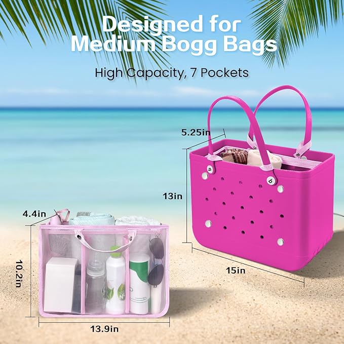 XYFuuee Beach Bag Organizer Inserts for Baby Medium Bogg Bag Accessories with 8 Removable Metal Fasteners, Lightweight Mesh Insert Divider Pouch, Organizing Rubber Tote, Save Storage Space, Pink M