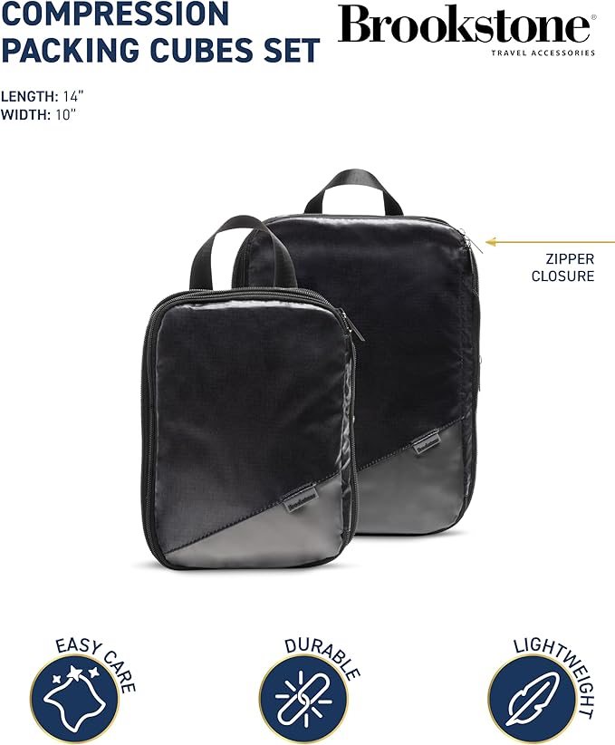 Brookstone Compression Packing Cubes Set - 2 Piece Small and Medium Carry On Luggage Travel Organizer and Compression Bags, Black