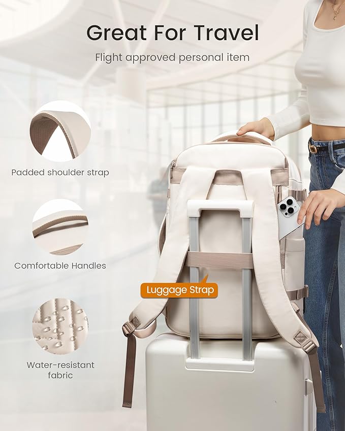 LOVEVOOK 40L Travel Backpack for Women Men, TSA Personal Item Travel Bag Fits 17.3inch Laptop, Waterproof Airline Approved Carry On Luggage With 2 Cubes for Weekender Hiking Business, Beige