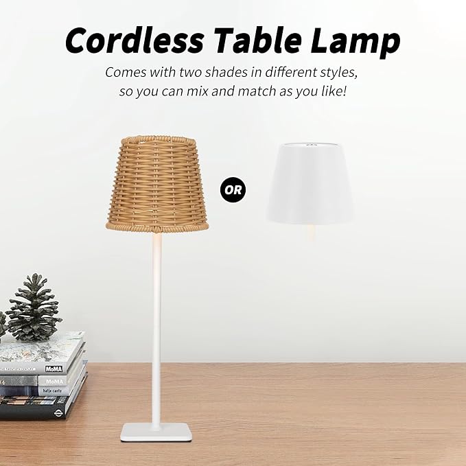 Mr. White Outdoor Waterproof Cordless Set of 2 Rechargeable Portable Top Touch Battery Operated Powered LED Table Lamp Desk Lamp Lights for Restaurant Kitchen Patio Dinner Dining (White 2 Pack)
