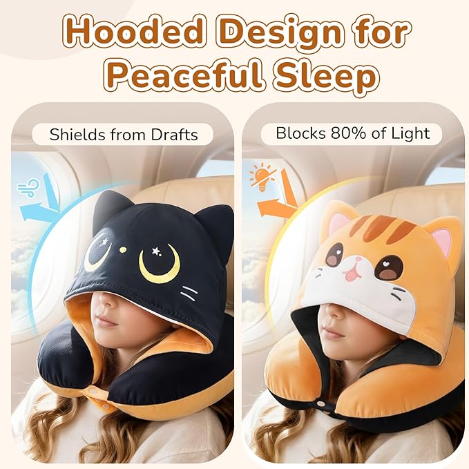 Certified to ASTM & CPSIA Standards–Kids Travel Neck Pillow with Hood,Memory Foam Airplane Pillow,Double-Sided, Cute Design, Cooling Ice Silk & Soft Plush, Adjustable, Portable & Washable for Flights