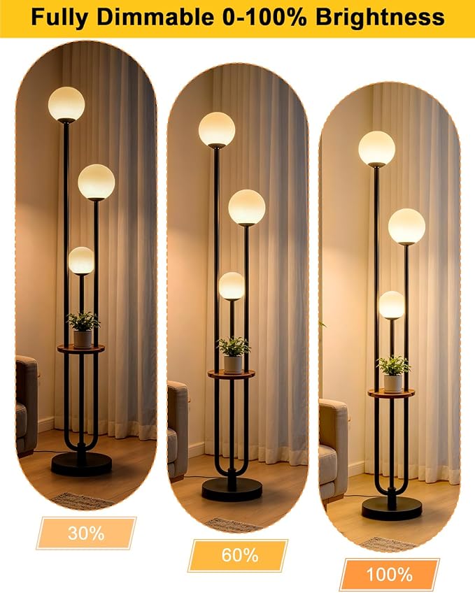 Lightdot Dimmable Floor Lamp for Living Room 3-Globe Standing Lamp with Table Candle Holder Style 3000K Warmwhite Bulbs Included Black Tall Lamps with 5Lbs Heavy Base for Sofa Beside/Corner Decor
