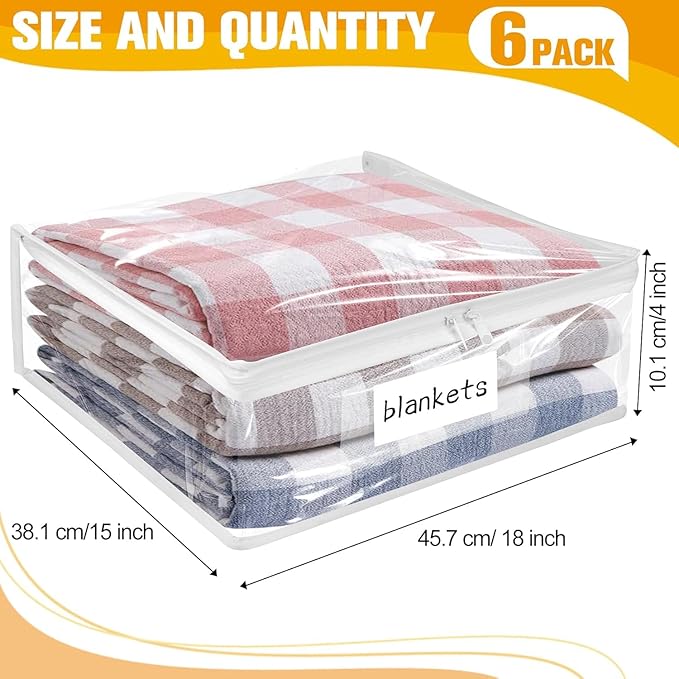 Plastic Storage Bags with Easy-Glide Zipper, Pack of 6, Durable Clear Vinyl Zippered Storage Bags for Clothes Sweaters Comforters Blankets Sheets Bedding (18 x 15 x 4 Inch)