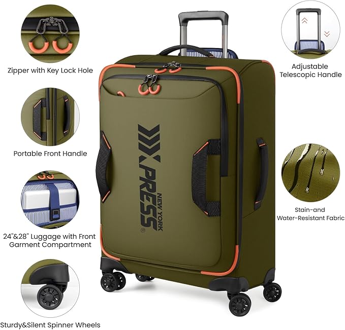 22" Luggage, Softside Suitcase w/Double Spinner Wheels, Waterproof,Lightweight Rolling Suitcases for Men/Women（Green,22in）