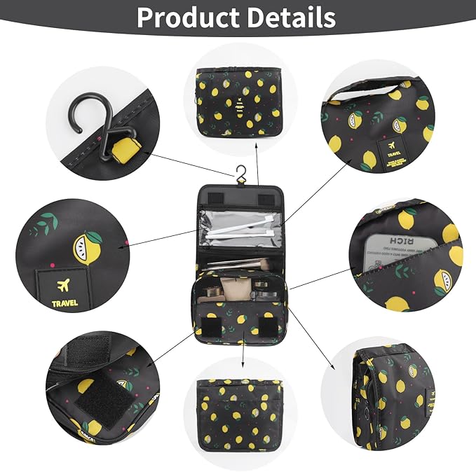 Foldable Hanging Travel Toiletry Bag,Waterproof Portable Travel Bags, Multifunction Travel Makeup Cosmetic Bag Organizer with Hanging Hook (Black Lemon)