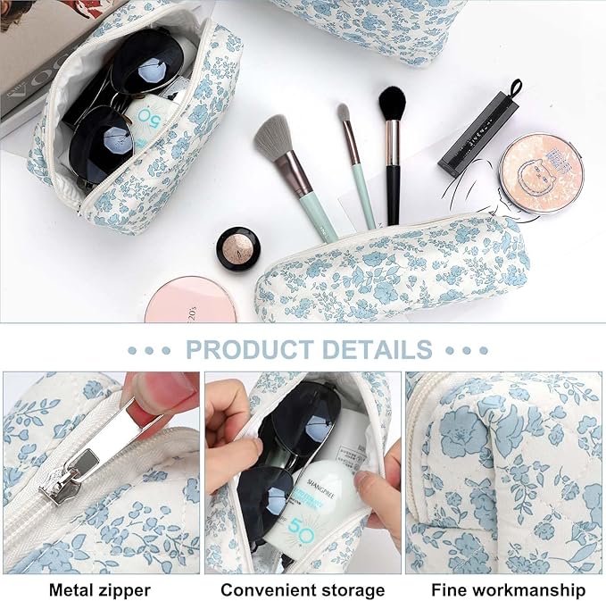 EIMMBD Makeup Bag 3 Pieces Large Capacity Cosmetic Bag Travel Toiletry Bag Organizer Cute Makeup Bag Pouch Storage Bag for Women(Blue White)
