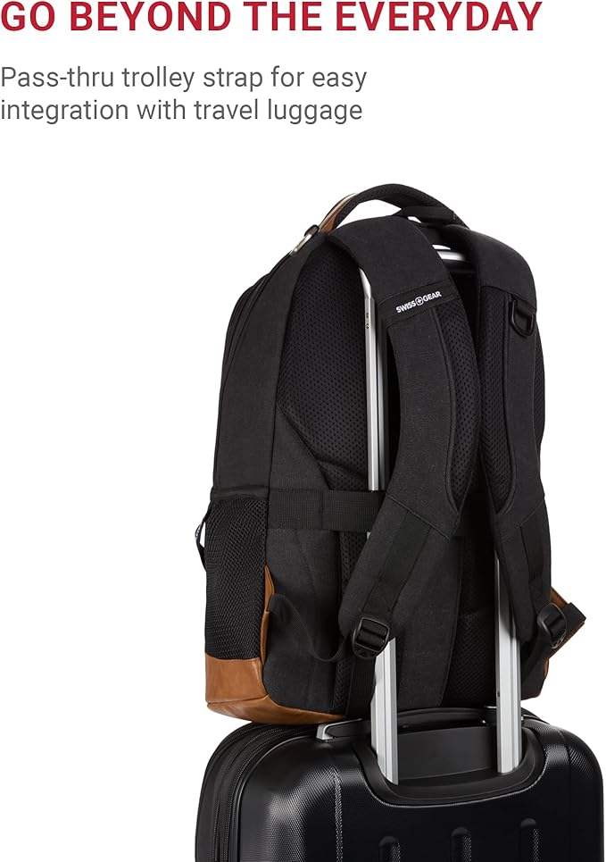SWISSGEAR Cecil 18-Inch Laptop Backpack Fits 16-Inch Laptop, Travel Daypack with Organizer Pockets, Water Bottle Holders & Padded Straps – Black Canvas/Brown