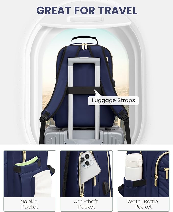 LOVEVOOK Laptop Backpack Purse for Women, Work Business Travel Computer Bags, College Nurse Backpack for Womens, Quilted Casual Daypack with USB Port, Fit 15.6 Inch Laptop, Navy