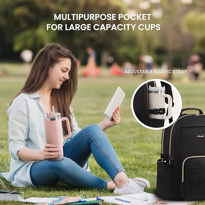 LOVEVOOK Laptop Backpack for Women with Pouch Pocket for Large Capacity Cup,15.6 Inch Teacher Nurse College Work Backpack Purse,Waterproof Laptop Bag Computer Back Pack for Travel,Black+Wicker pattern
